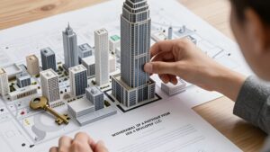 Рука убирает модель небоскреба с макета, иллюстрируя законные способы выхода участника ООО застройщика